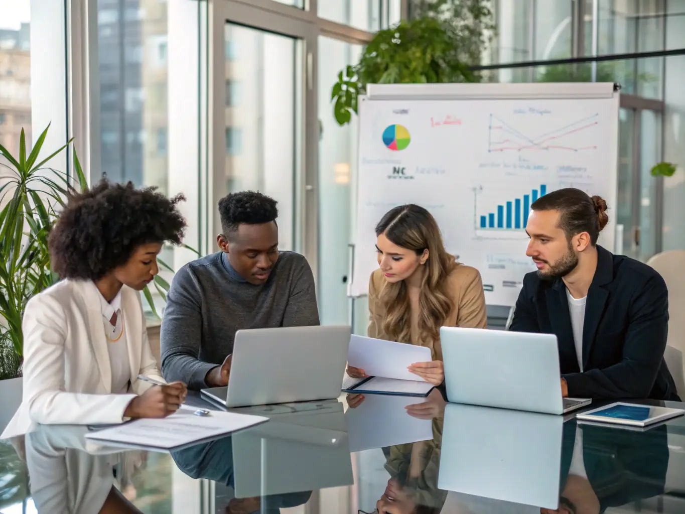 A group of diverse individuals collaborating in a modern office setting, reviewing data on laptops and tablets, symbolizing the teamwork and expertise behind Baranphones.com's quality assurance process.