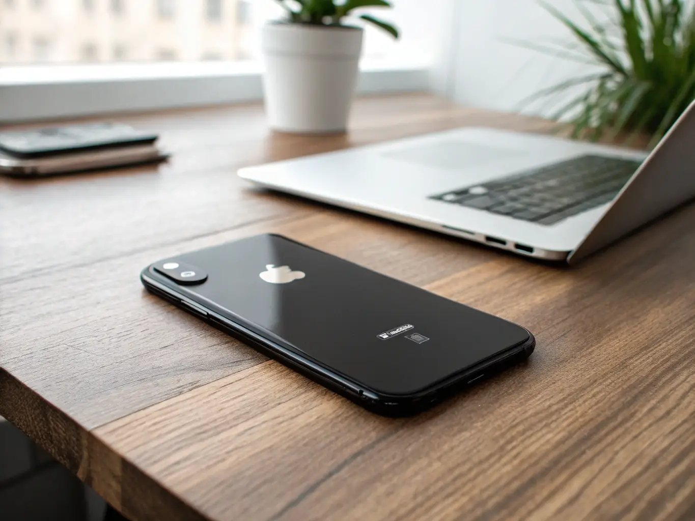 A close-up shot of a professionally refurbished iPhone, showcasing its pristine condition and highlighting the quality of the refurbishment process. The background is blurred to focus on the device.