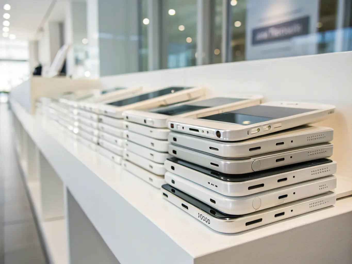 A visually appealing image showcasing a stack of refurbished iPhones and Samsung Galaxy devices, highlighting their like-new condition and the cost savings they offer compared to new devices.