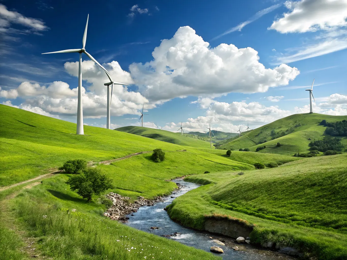 An image of a lush green landscape with wind turbines in the background, symbolizing the environmental benefits of choosing refurbished electronics over new ones.